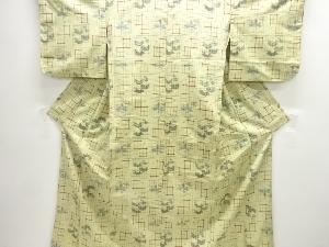 アンティーク　市松に松笹模様織出し手織り紬着物